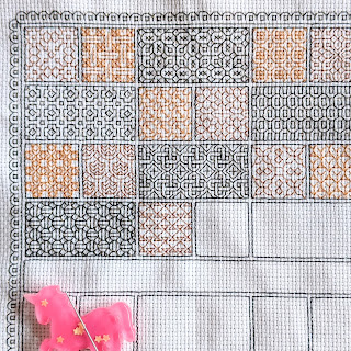 detail of blackwork stitching patterns from the Peppermint Purple Stitch-a-long