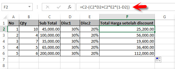  Rumus Excel Menghitung discount Ganda atau diskon 
