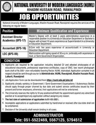 NUML University Rawalpindi Latest Jobs February 2021 NUML University Rawalpindi Latest Jobs February 2021