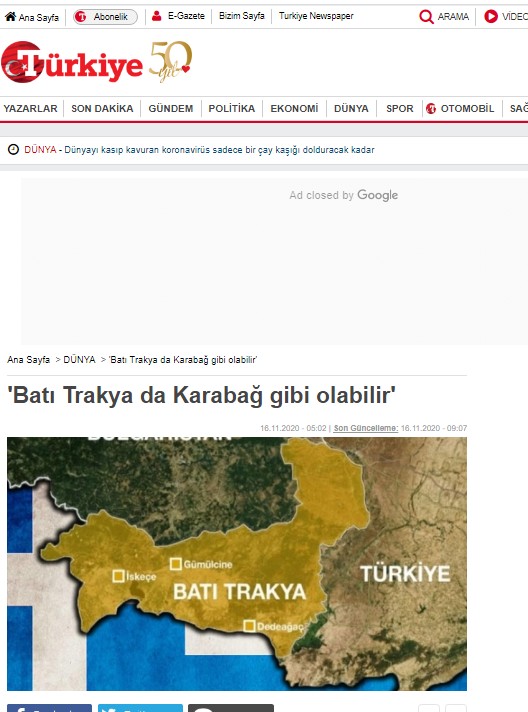 Τουρκία: Προκλητικό δημοσίευμα – «Η Θράκη μπορεί να γίνει σαν το Καραμπάχ»