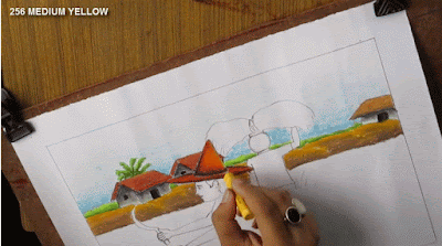Menggambar pemandangan desa saat petani memanen padi di ladang Tutorial menggambar pemandangan desa saat petani memanen padi di ladang