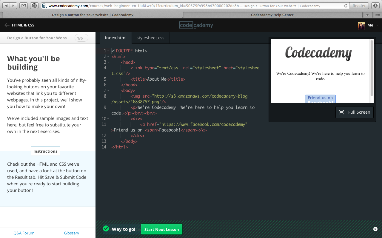 Nadia Larashari Shabrina Codecademy HTML & CSS Design a Button for