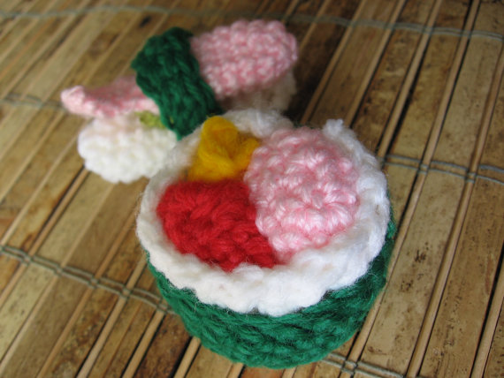 Two example of completed crochet sushi pieces.