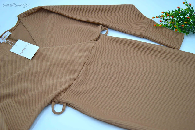 Tan Ribbed Wrap Bat Wing Bodycon Mini Dress - Bailey