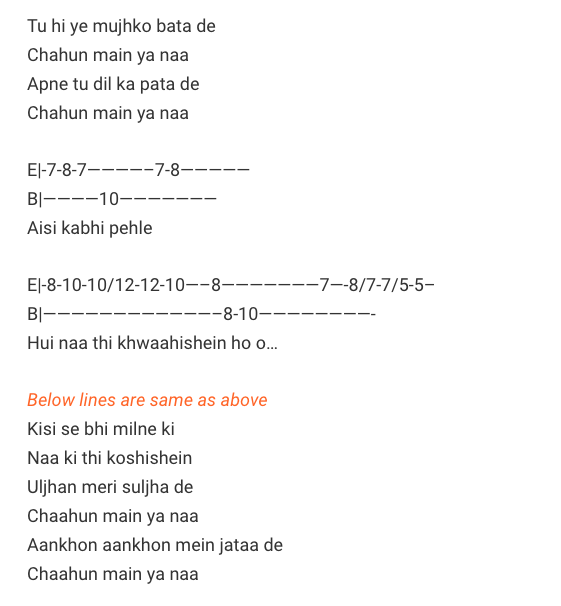Chahun Main Ya Na Tabs / Aashiqui 2 / Guitar Tabs / Lead Notes / Hindi Songs Tabs / Arijit Singh / Palak Muchhal / Love Song Bollywood / Chahun Main Ya Na Aashiqui 2 Movie / Gaane