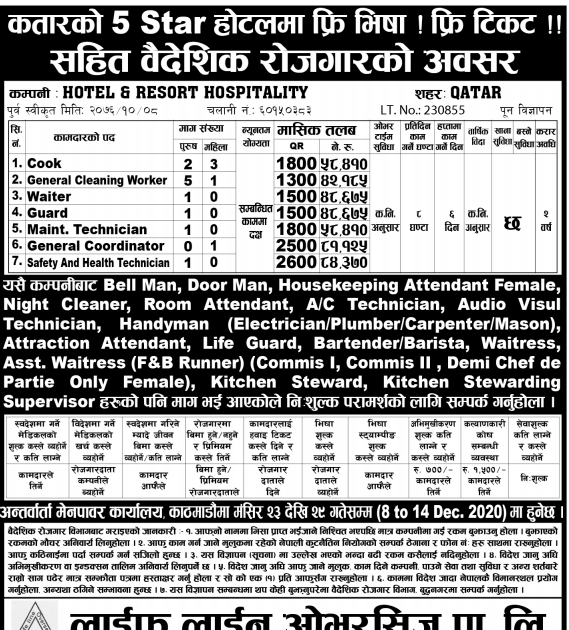 Free Visa Free Ticket Jobs in 5 Star hotel in Qatar, Salary Up to Nrs