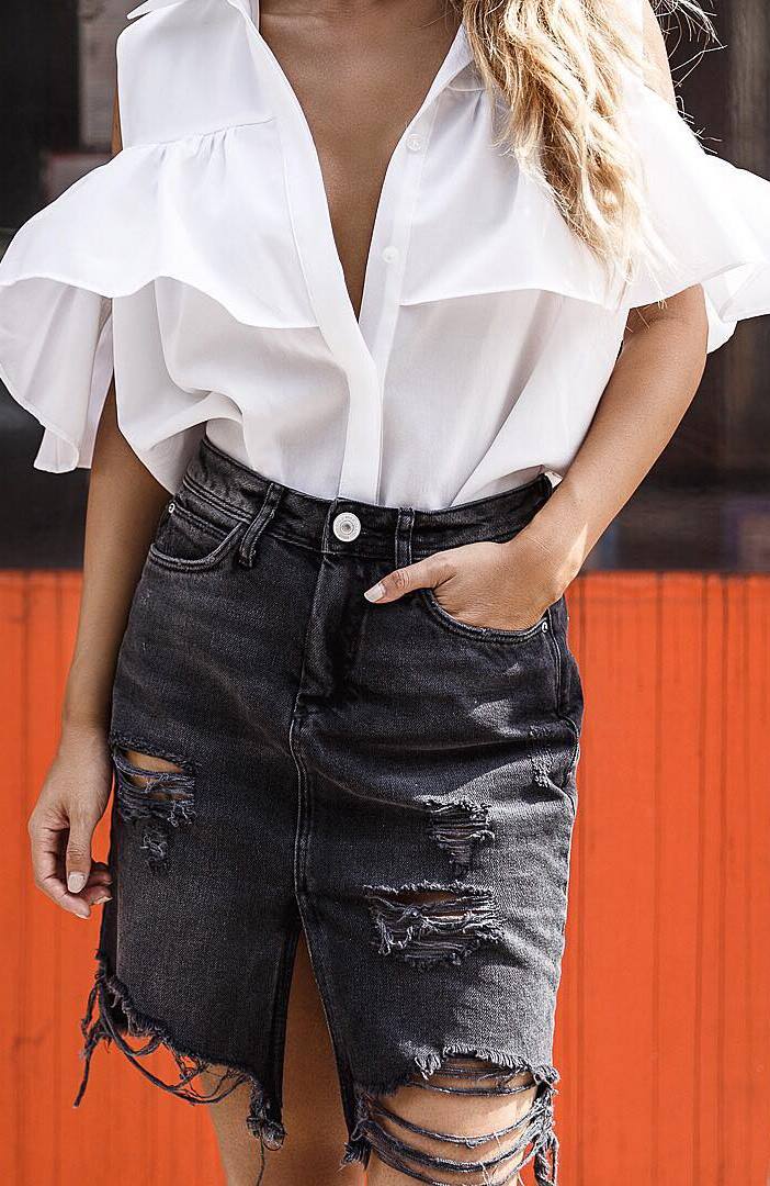 street style perfection outfit: blouse + denim skirt