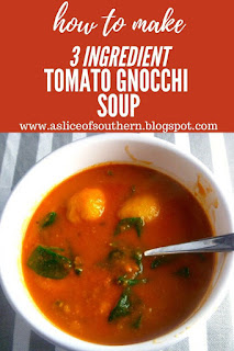 3 Ingredient Tomato Gnocchi Soup: a steamy hot bowl of delicious tomato soup loaded with plump gnocchi and a dash of spinach with only 3 ingredients! - Slide of Southern