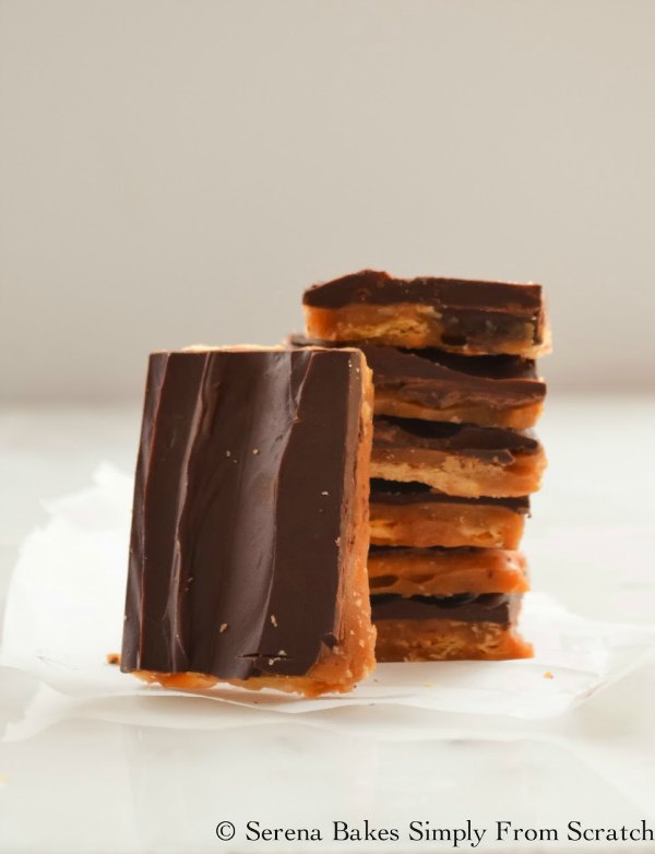 Saltine Toffee is salty crunchy and sweet. A delicious candy to make for Christmas and is easy to make with white sugar from Serena Bakes Simply From Scratch.