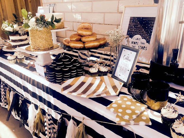 Black, White, & Gold Baby Shower, Modern Baby Shower featuring bold patterns and hints of Gold featuring an amazing Coffee and Cravings Brunch Bar, Bloody Mary Bar, and a really epic tablescape Sweet Emma Lou