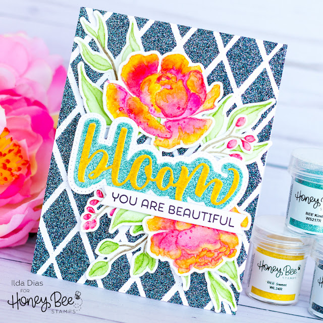 Peony Blooms Card ft. The Bee’s Knees Embossing Powder Trio | Honey Bee Stamps by ilovedoingallthingscrafty.com