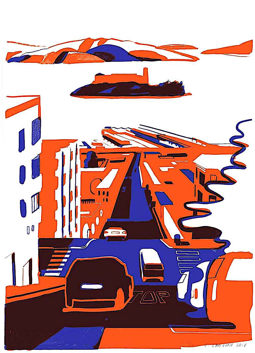 Christoph Niemann art Christoph Niemann art, traffic in red and blue with an island in the bay