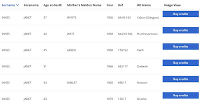 Screen capture from ScotlandPeople for a search of the death of a Janet Innes started from 1851 with a birth year 1819 +/- 5 years.