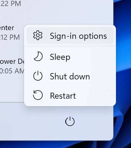 sign in options start power