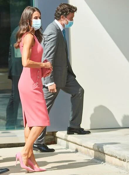 Queen Letizia wore a stretch wool dress form Michael Kors, and pink suede pumps from Magrit, carried Magrit clutch. First Lady Melania Trump