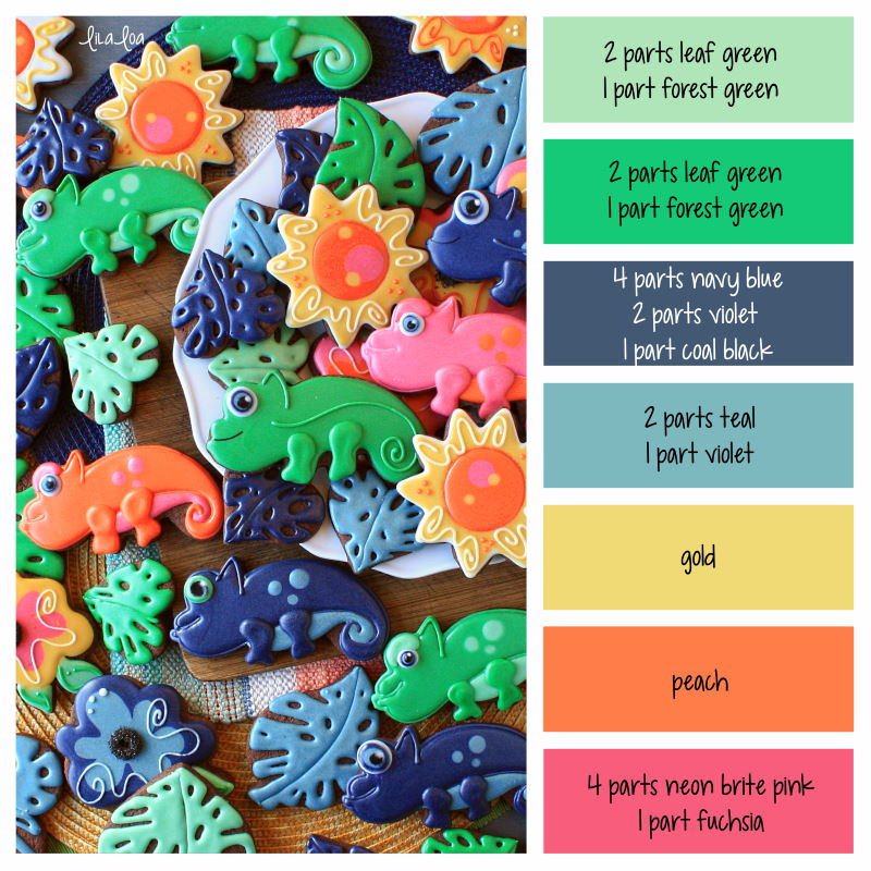 Color formulas and ratios for icing and brightly colored tropical jungle decorated sugar cookies