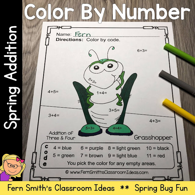 Looking For Some New Spring Addition Color By Numbers for Your Class? Color By Numbers Spring Bug Fun Addition Resource. FIVE Color By Numbers Addition Spring Bug Fun with Numbers - Color By Numbers Printables for some Spring Math Fun in your kindergarten or first grade classroom! #FernSmithsClassroomIdeas