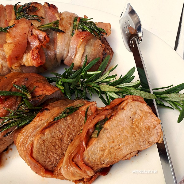 Deliciously marinated Pork Tenderloin (so tender and juicy!), wrapped in Bacon and Rosemary