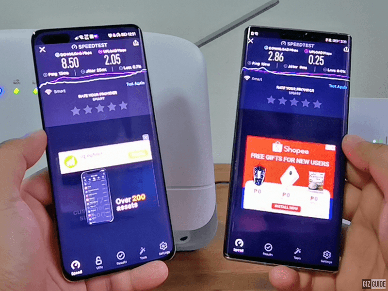Side by side speed test in a room with a weak LTE signal