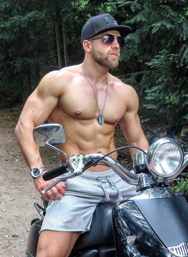hot-bearded-fit-shirtless-muscle-pecs-man-woods-driving-motorcycle-sunglasses-watch-dope-hipster-hunk