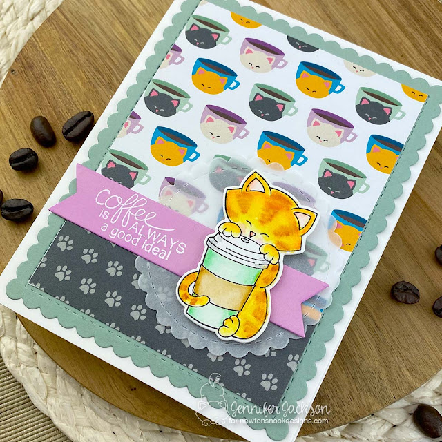 2021 Fall/Winter Coffee Lovers Blog Hop | Coffee and Cat Card by Jennifer Jackson | Newton Loves Coffee Stamp Set, Circle Frames Die Set, Frames & Flags Die SEt and Coffee House Stories Paper Pad by Newton's Nook Designs #newtonsnook #handmade