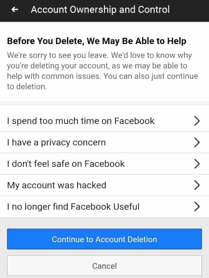 Facebook account delete karne ka karan