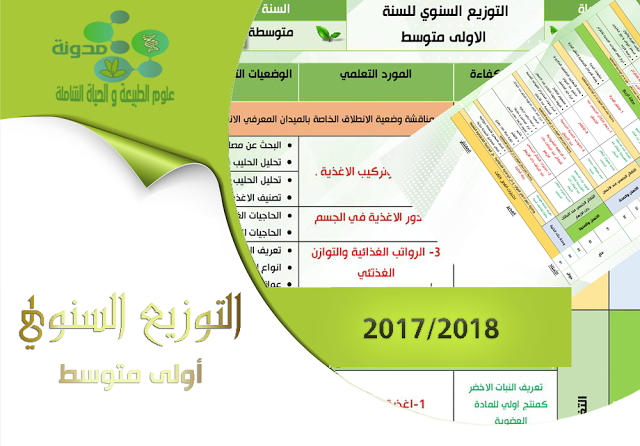 التوزيع السنوي لمادة العلوم الطبيعية للسنة الاولى متوسط الجيل الثاني