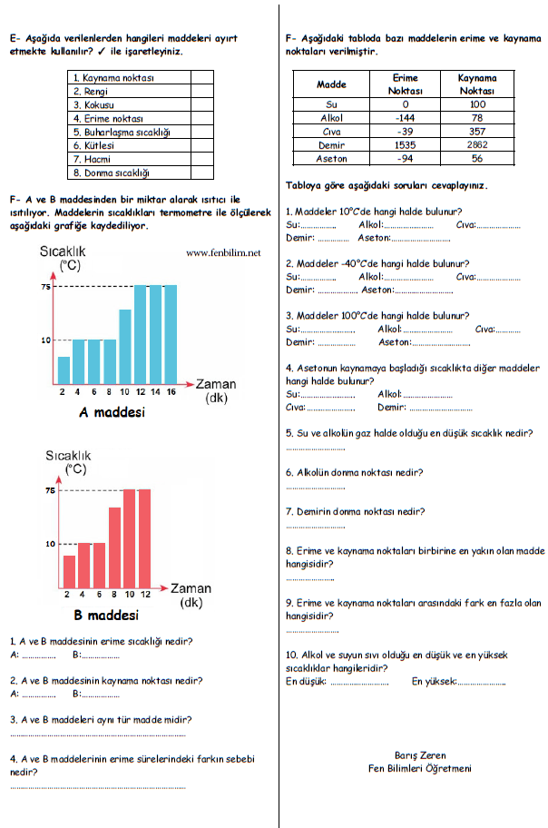5 sinif maddenin ayirt edici ozellikleri calisma kagidi fenbilim net