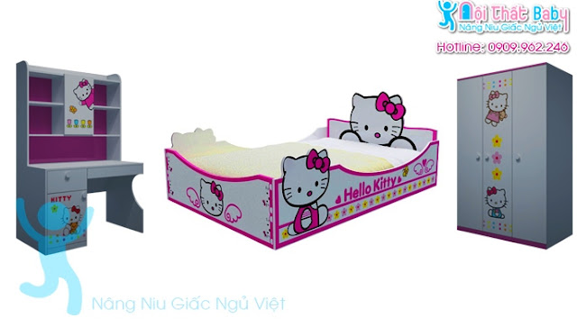 phòng ngủ hello kitty cho bé gái, phòng ngủ trẻ em, giường ngủ hello kitty