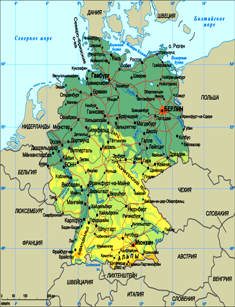 Карта германии с городами на русском подробная. ФРГ карта Германии. Физ карта Германии. Юг Германии на карте. Географическая карта Северной Германии.