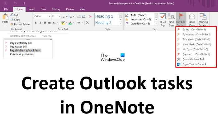 crear tareas de Outlook en OneNote