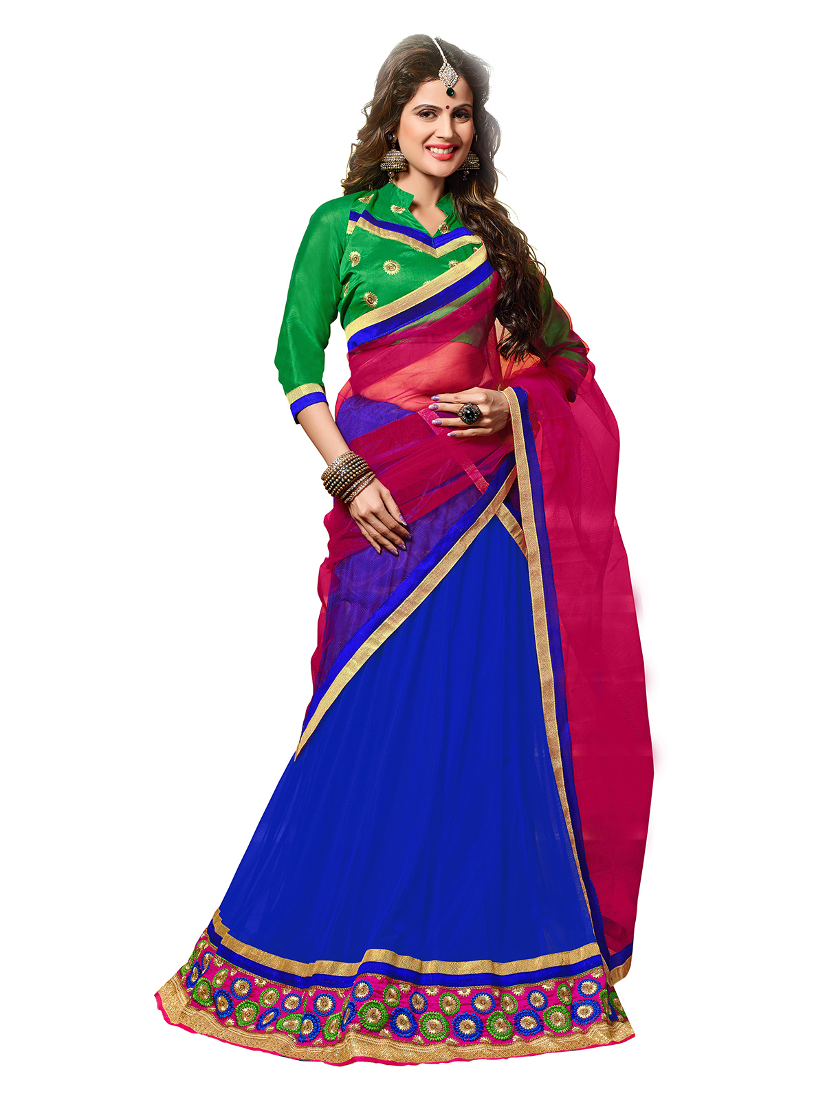 Blue & Green Net Party Wear Lehenga With Brocade Choli