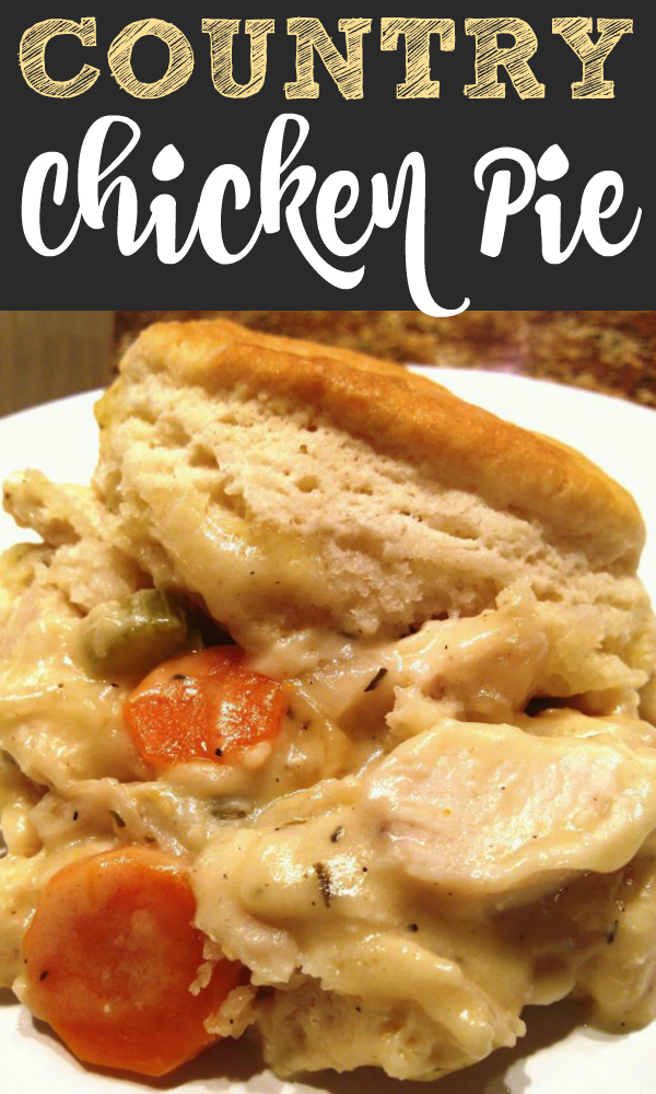 Country Chicken Pie | A rustic, savory pie recipe of chicken and gravy topped with with buttery biscuits! Tip: use frozen biscuits to save time!