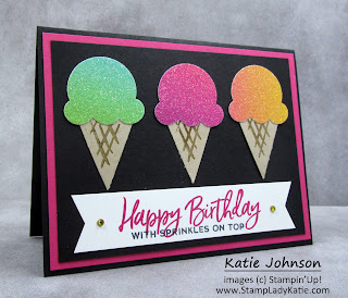 Card with a trio of ce cream cones made with Stampin'Up Ice Cream Cone Builder Punch and Rainbow Glimmer Paper