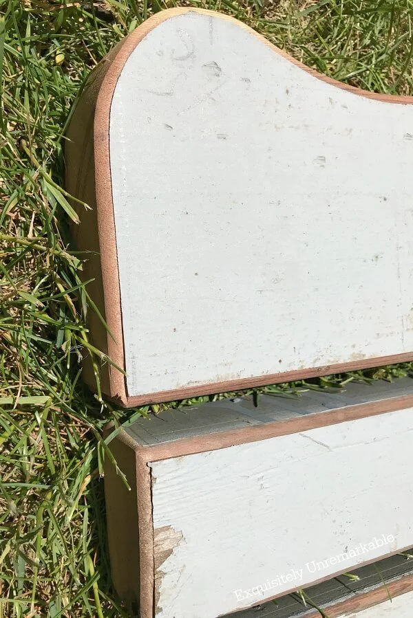 Close up of bench with routered edges laying on theon lawn