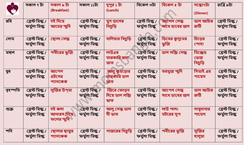 ৮ মাস বয়সী শিশুর বাঙালি খাবারের তালিকা 8 month baby food chart for Bengali babies 8 month baby food chart in Bengali week 2