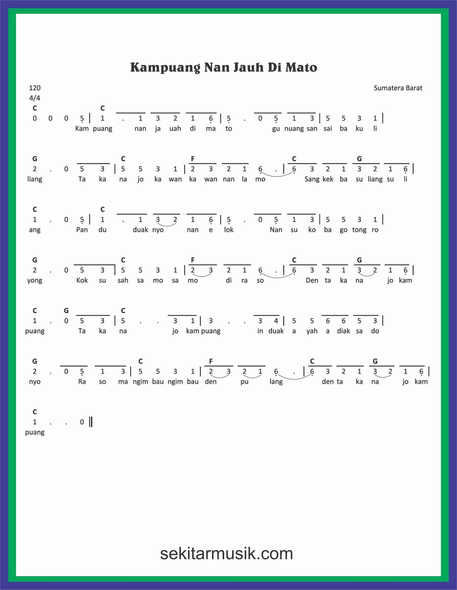 Not Angka Lagu Kampuang Nan Jauh Di Mato SEKITAR MUSIK