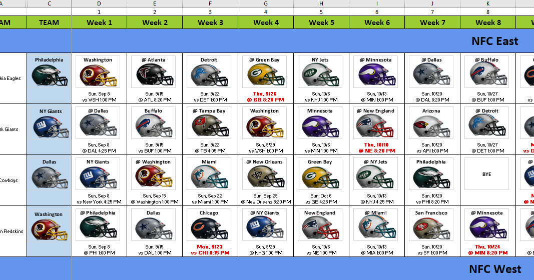 Excel Spreadsheets Help: 2019 NFL Helmet Schedule Spreadsheet