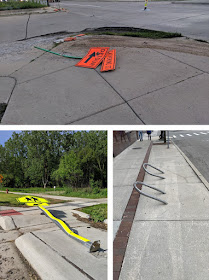 Three images of objects run over by cars on Ann Arbor sidewalks