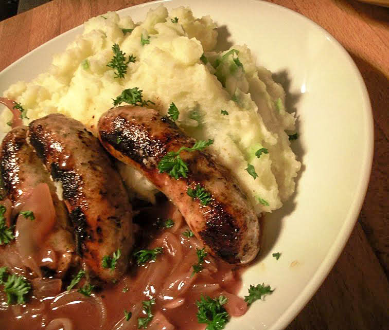 Sausages with Champ Mash and Caramelised Shallot Gravy A Glug of Oil