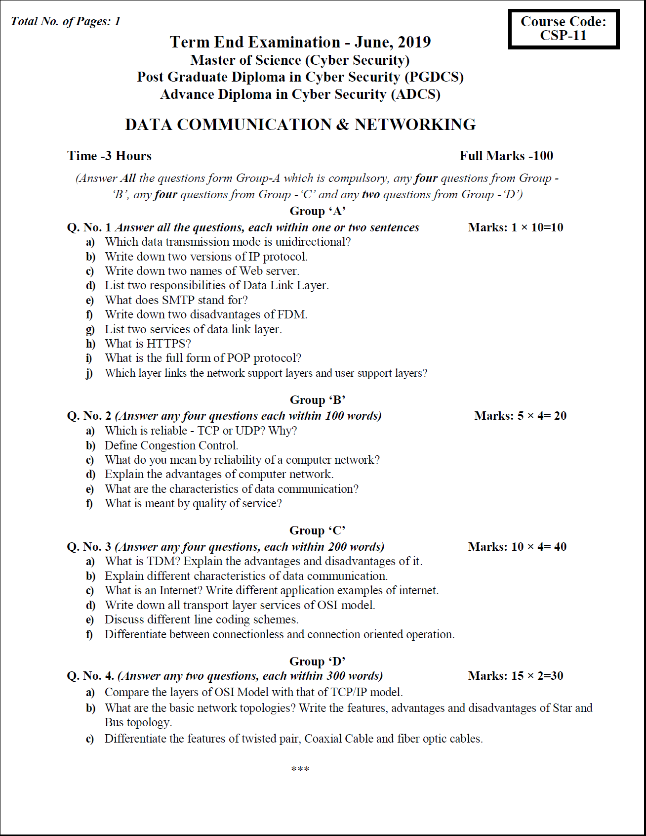 OSPU CSP data communication & networking June 2019 Question Paper University Question Papers