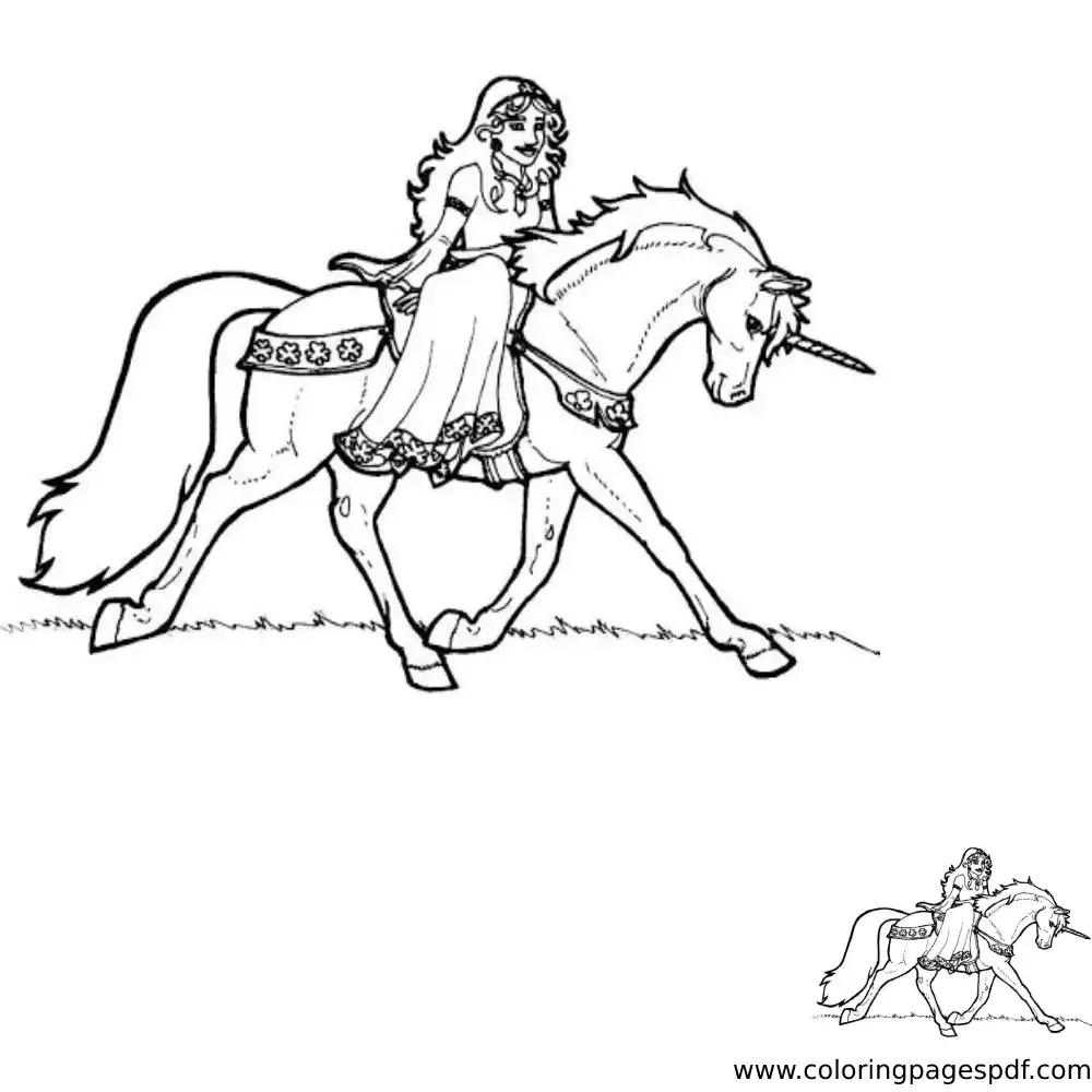 Coloring Page Of A Woman Side Riding A Unicorn