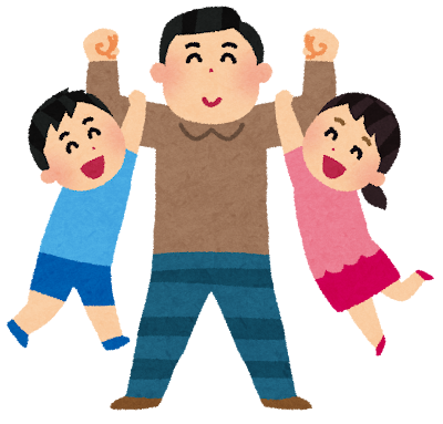 お父さんの両腕にぶら下がった子供達のイラスト(父の日)
