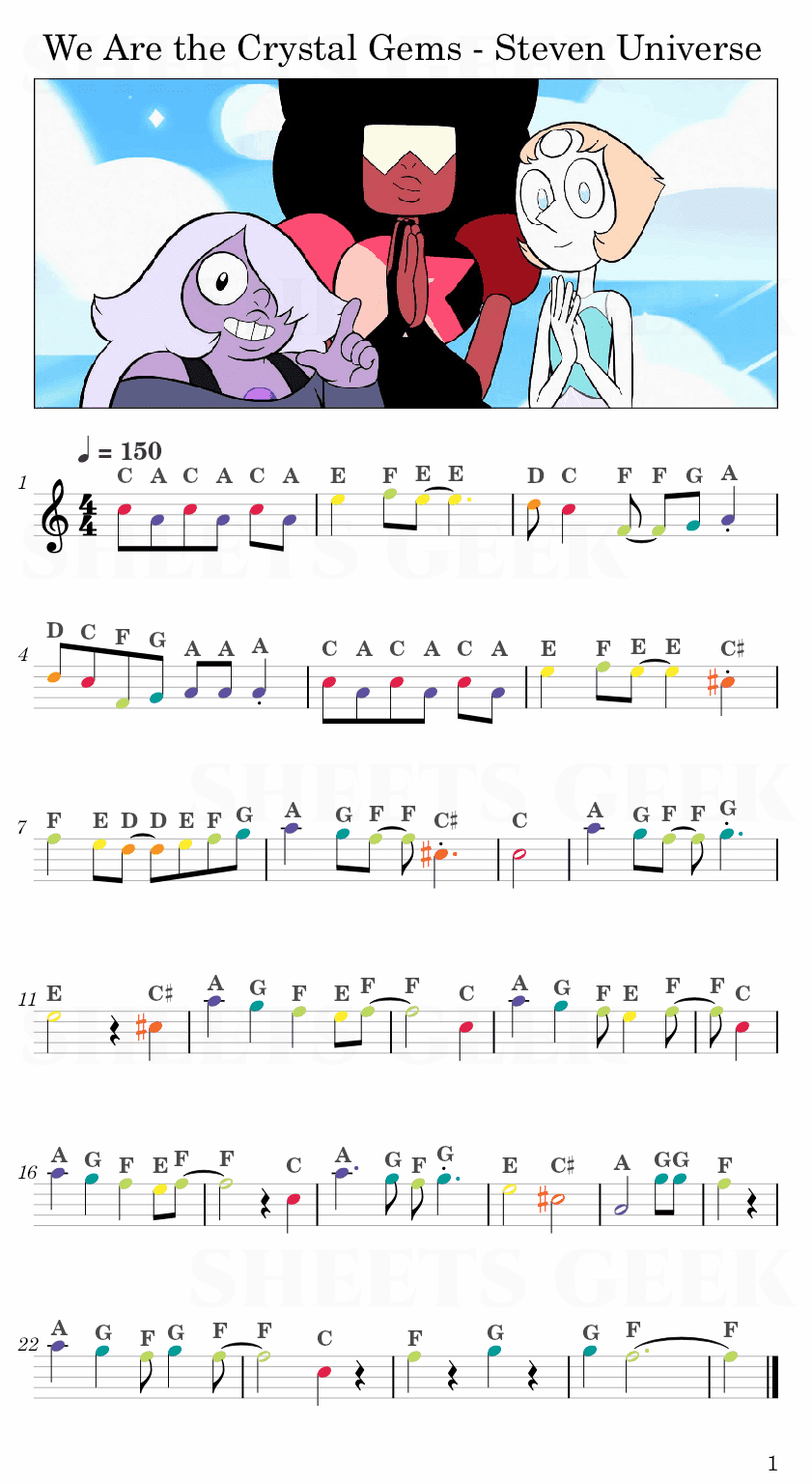 We Are the Crystal Gems Steven Universe Theme Easy Sheet Music