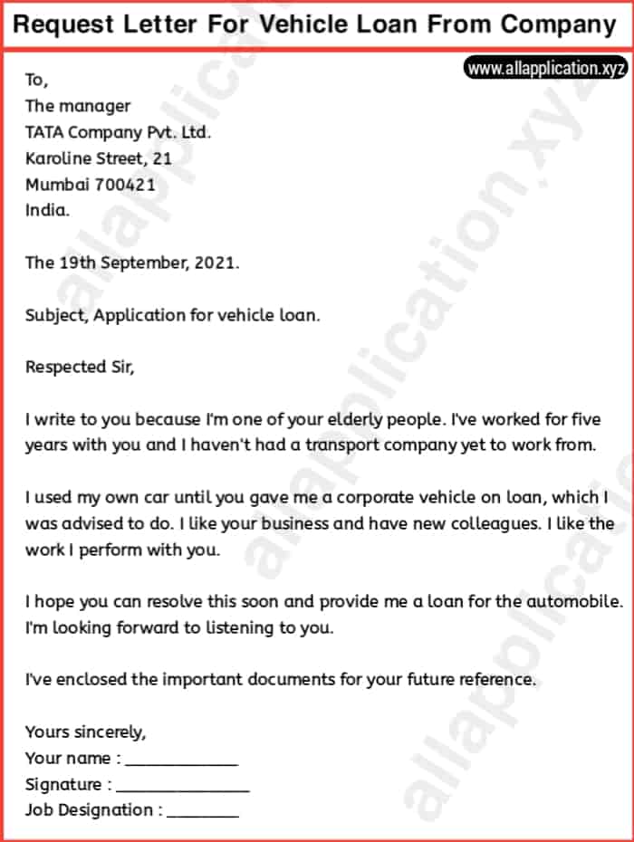 Request Letter for Vehicle Loan from Company (2 Samples)