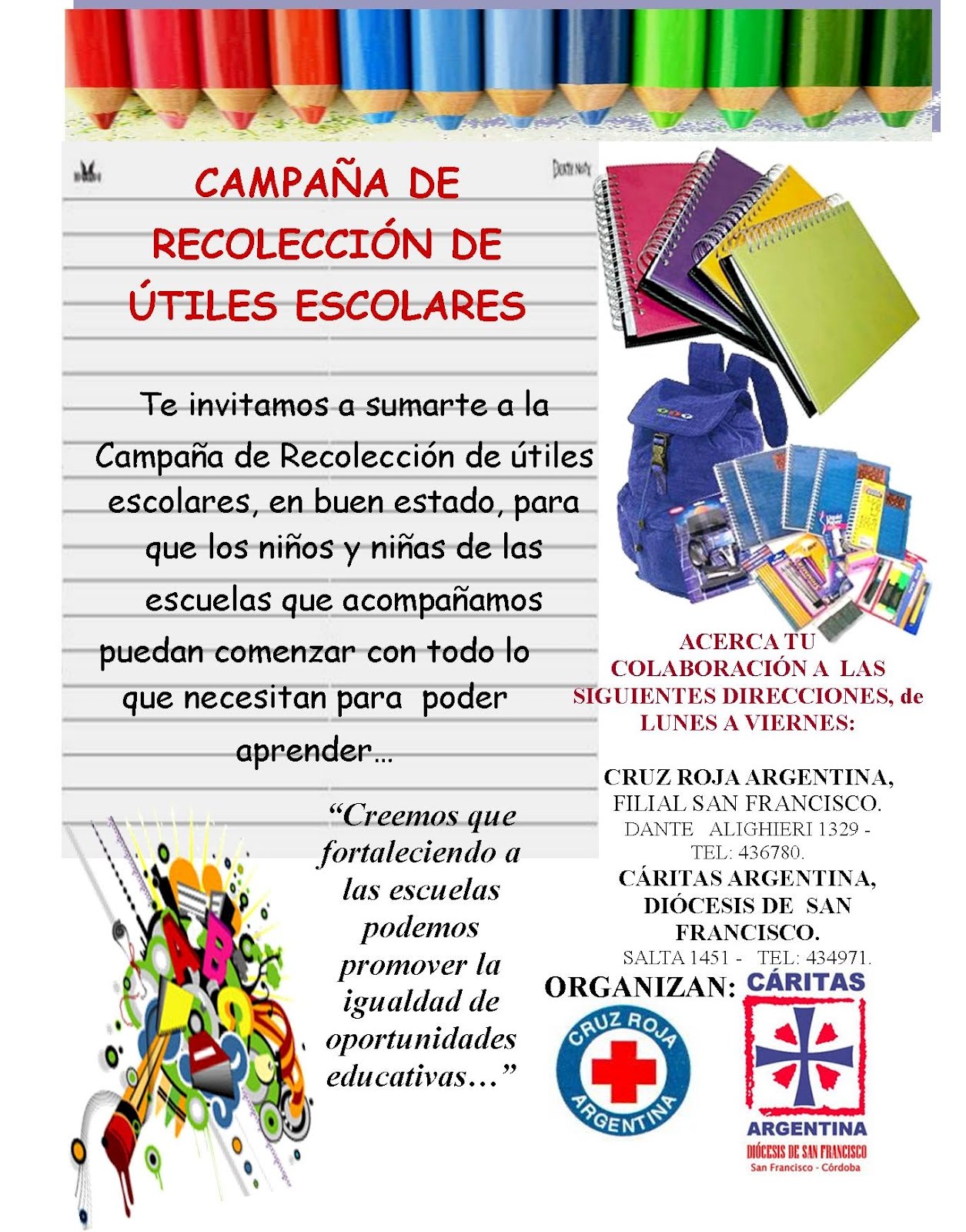 CÁRITAS ARGENTINA - DIOCÉSIS DE SAN FRANCISCO: CAMPAÑA DE ÚTILES ESCOLARES