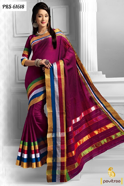 Buy Latest Fashion Casual Wear Magenta Color Cotton Silk Sarees Online Shopping with Lowest Price and Discount Offer Sale at Pavitraa.in