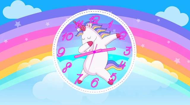 Free Download Rainbow Unicorn Dabbing Clock Screensaver with animated clock. This beautiful clock screen saver displays the current time on your Windows desktop.