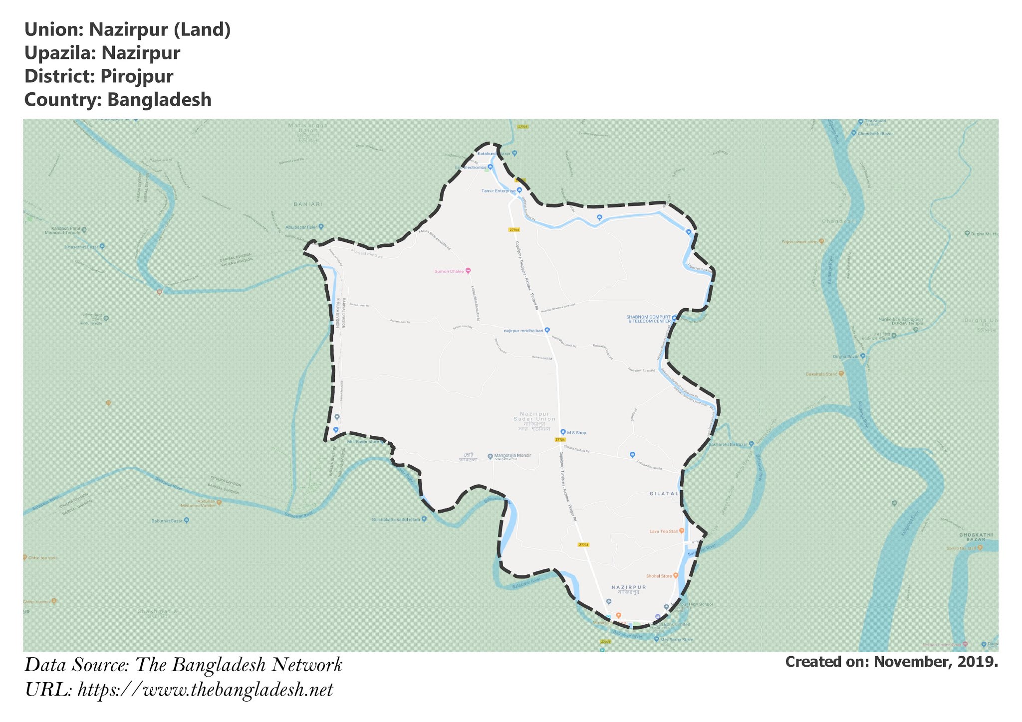Map of Nazirpur of Pirojpur, Bangladesh.