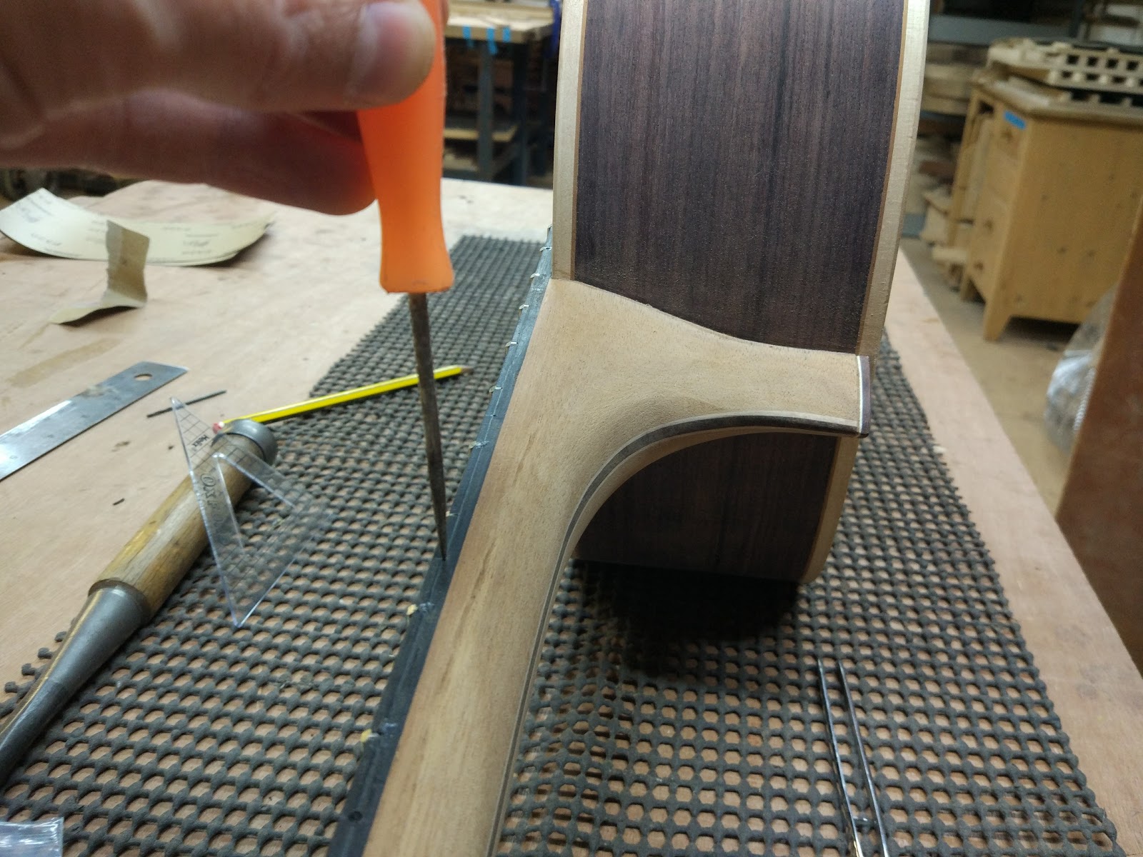 Guitar Making Adventures Day 32 Inserting fret markers, shaping frets, and final sanding.